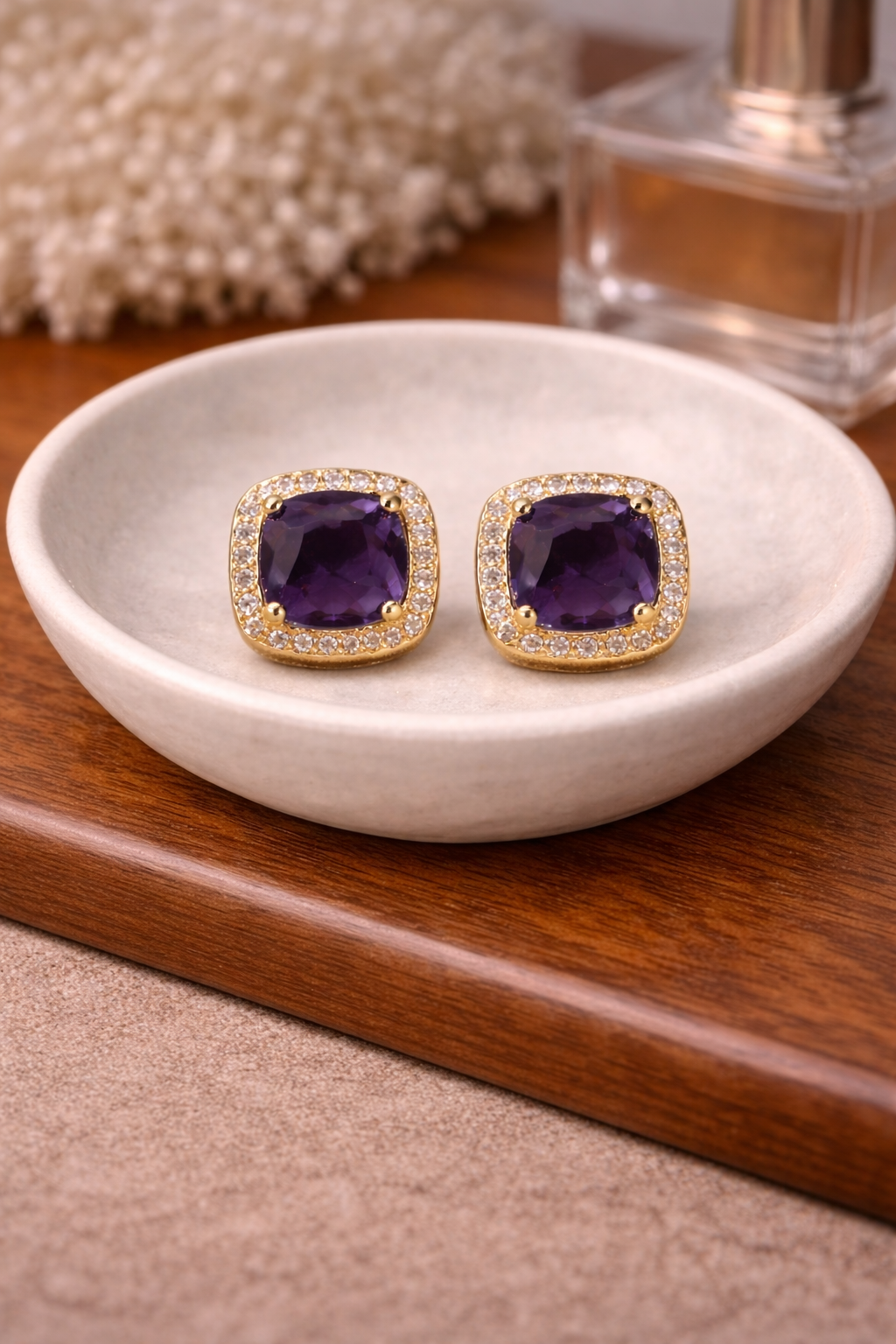 Viora Purple Cushion Halo Stud Earrings
