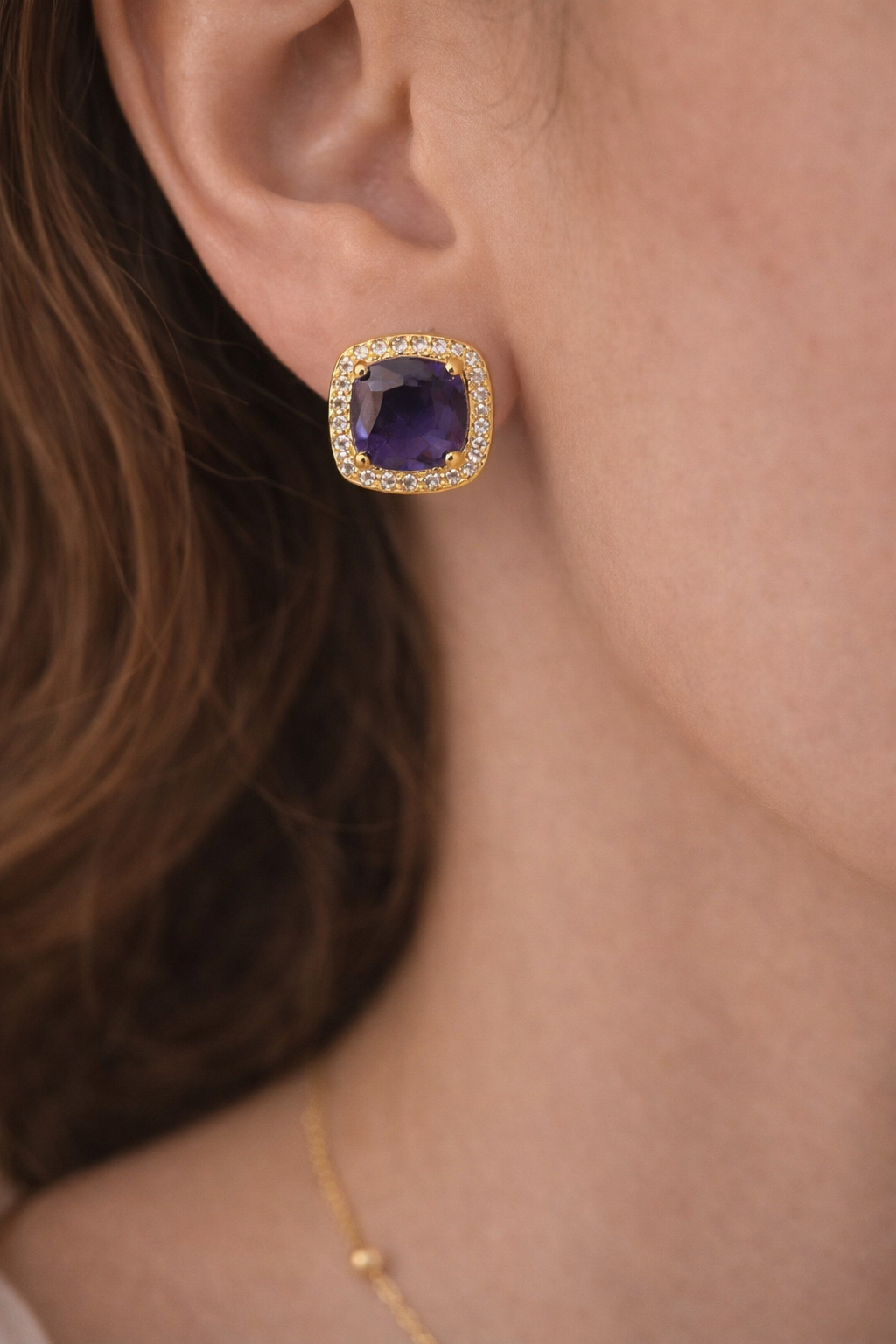 Viora Purple Cushion Halo Stud Earrings