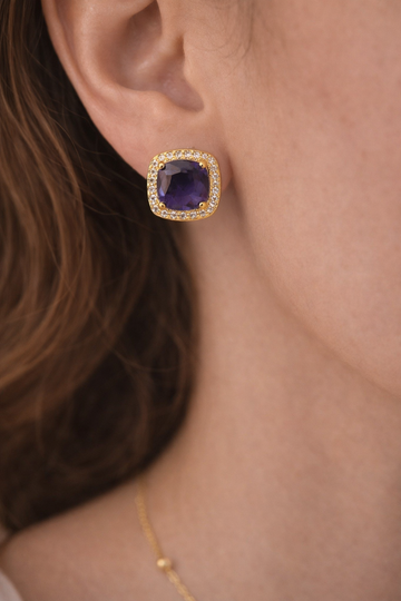 Viora Purple Cushion Halo Stud Earrings