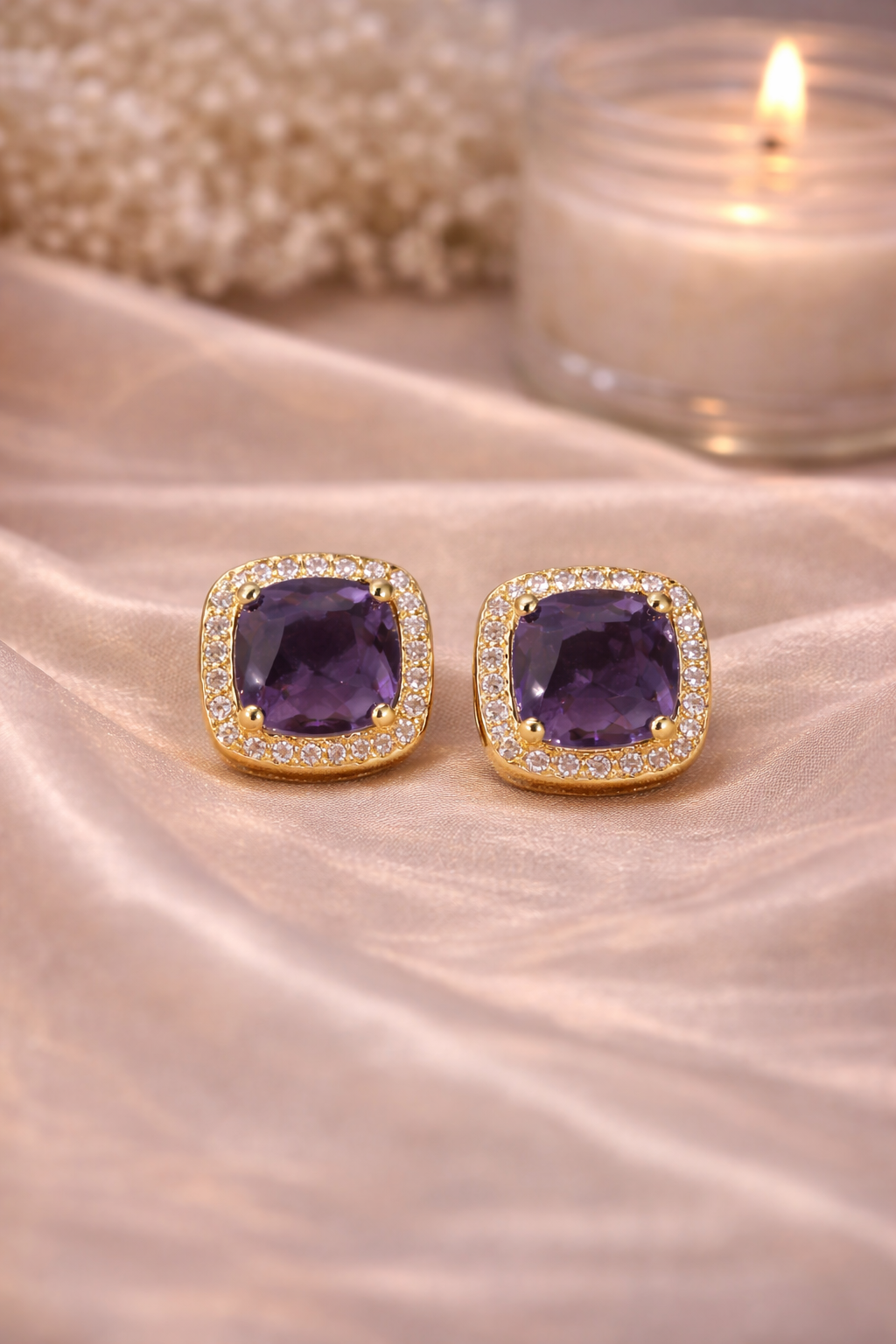 Viora Purple Cushion Halo Stud Earrings
